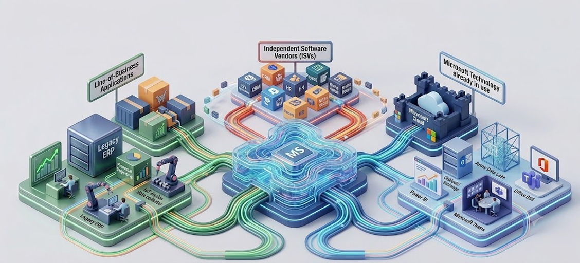 Microsoft Dynamics 365 Connected Ecosystem Architecture — Legacy ERP, ISV, Microsoft Cloud, Power BI, Office 365