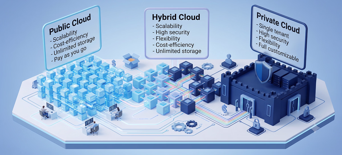 Public Cloud, Hybrid Cloud, and Private Cloud Comparison — Scalability, Cost-efficiency, Security, Flexibility